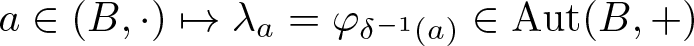a element of left parenthesis upper B comma dot right parenthesis right arrow from bar lamda a equals phi delta minus 1 left parenthesis a right parenthesis element of Aut left parenthesis upper B comma plus right parenthesis