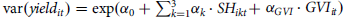 normal v normal a normal r left parenthesis y i e l d Subscript i t Baseline right parenthesis equals exp left parenthesis alpha 0 plus sigma summation Underscript k equals 1 Overscript 3 Endscripts alpha Subscript k Baseline dot upper S upper H Subscript i k t Baseline plus alpha Subscript upper G upper V upper I Baseline dot upper G upper V upper I Subscript i t Baseline right parenthesis