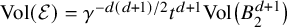 upper V o l left parenthesis script upper E right parenthesis equals gamma Superscript minus d left parenthesis d plus 1 right parenthesis divided by 2 Baseline t Superscript d plus 1 Baseline upper V o l left parenthesis upper B 2 Superscript d plus 1 Baseline right parenthesis