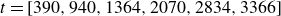 t equals left bracket 390 comma 940 comma 1364 comma 2070 comma 2834 comma 3366 right bracket