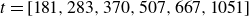 t equals left bracket 181 comma 283 comma 370 comma 507 comma 667 comma 1051 right bracket