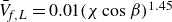 upper V overbar Subscript f comma upper L Baseline equals 0.01 left parenthesis chi cosine beta right parenthesis Superscript 1.45