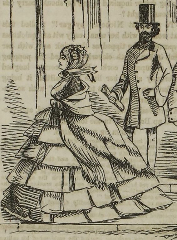 Newsprint street scene of a very well-dressed and stately white woman, with the dignified air of a Duchess, sweeping by a fashionable white man. Compared to the Belle’s description as youthful and charming, this woman looks much too matronly.