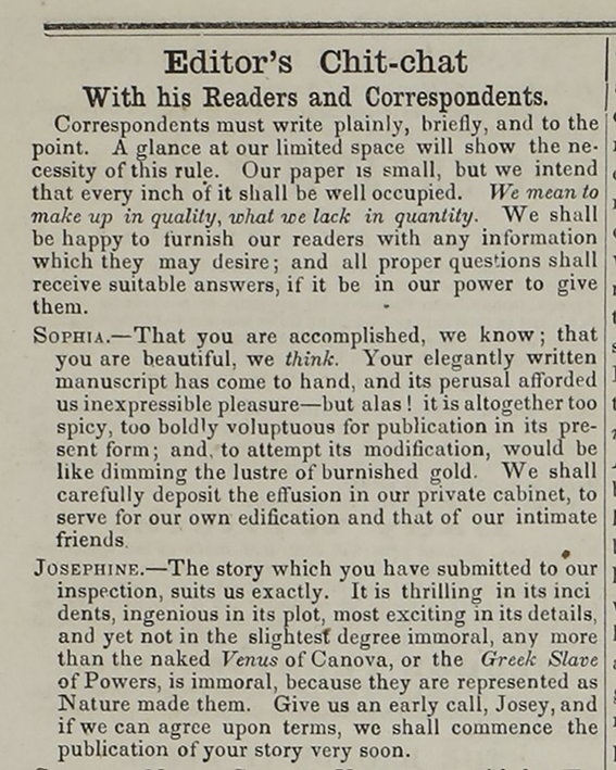 Newsprint column with the heading, “The Editor’s Chit-chat with His Readers and Correspondents” centered at the top. The font is very small. The text includes an overview of the column and replies from the editor to Sophia and Josephine.