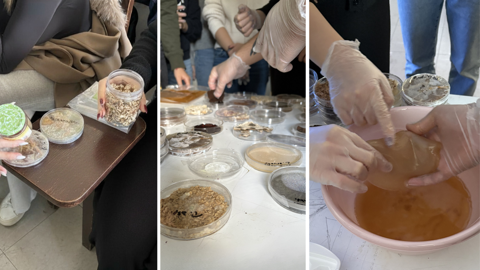 Three photos of students working with various materials in a laboratory setting.