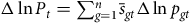 normal upper Delta ln upper P Subscript t Baseline equals sigma summation Underscript g equals 1 Overscript n Endscripts s overbar Subscript g t Baseline normal upper Delta ln p Subscript g t