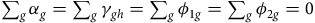 sigma summation Underscript g Endscripts alpha Subscript g Baseline equals sigma summation Underscript g Endscripts gamma Subscript g h Baseline equals sigma summation Underscript g Endscripts phi Subscript 1 g Baseline equals sigma summation Underscript g Endscripts phi Subscript 2 g Baseline equals 0