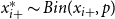 x Subscript i plus Superscript asterisk Baseline tilde upper B i n left parenthesis x Subscript i plus Baseline comma p right parenthesis