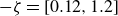 negative zeta equals left bracket 0.12 comma 1.2 right bracket