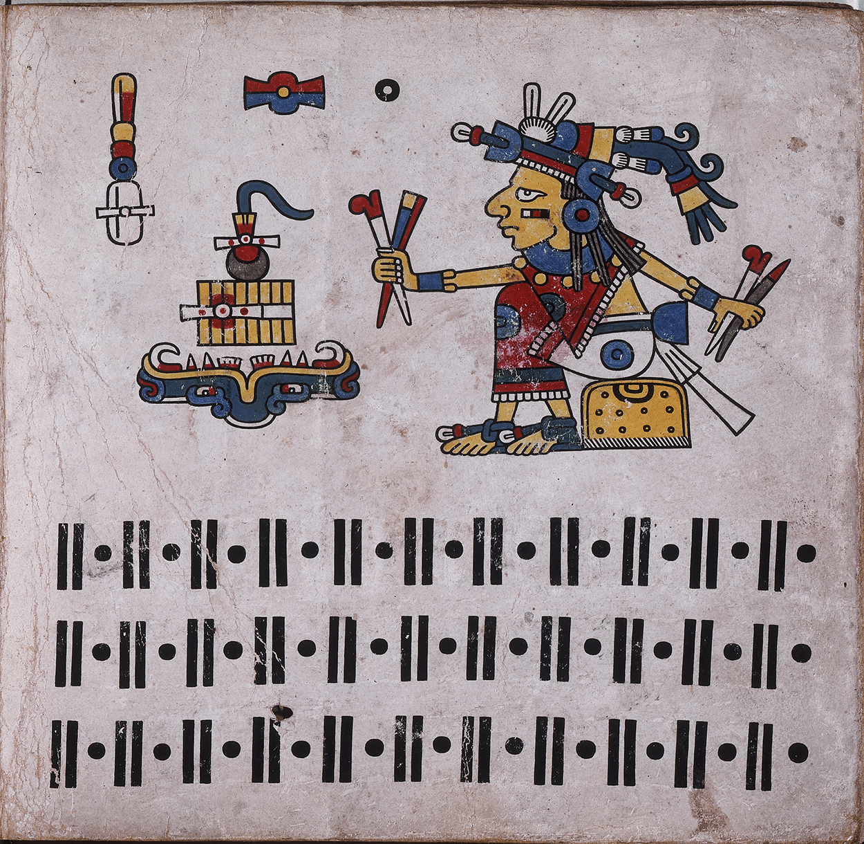 A codex page with a right-facing figure, small symbols above left and rows of dot-and-bar numerals across the bottom. See long description.