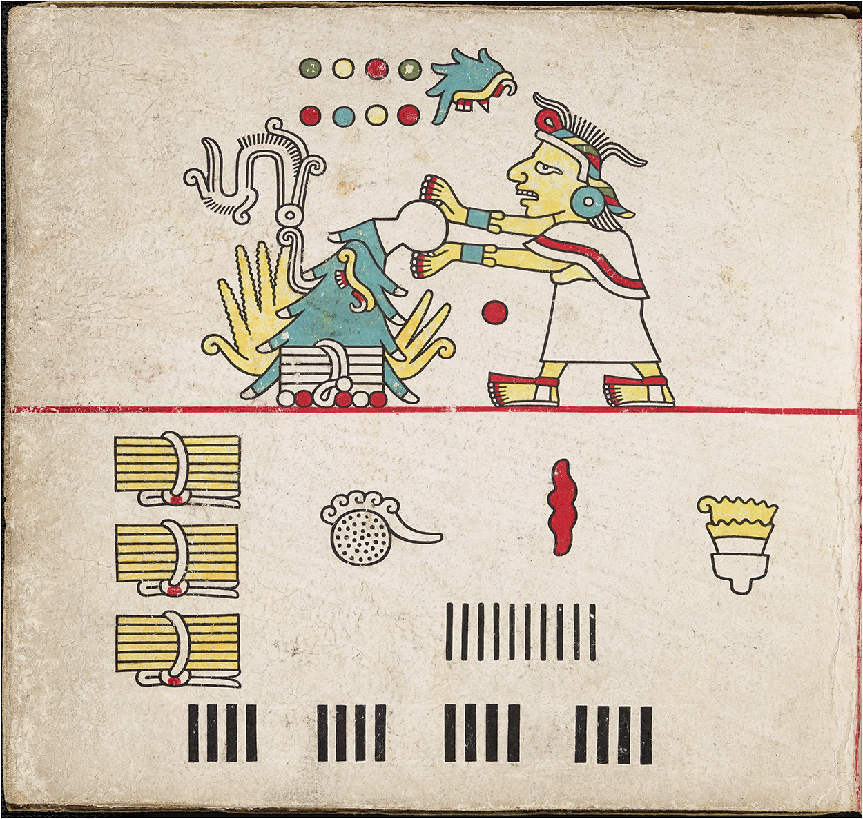A codex page with a figure throwing water into a fire , with bar marks and stylised figures above and below. See long description.
