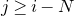 j greater than or equals i minus upper N