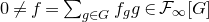 0 not equals f equals sigma summation Underscript g element of upper G Endscripts f Subscript g Baseline g element of script upper F Subscript normal infinity Baseline left bracket upper G right bracket