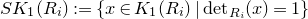 upper S upper K 1 left parenthesis upper R Subscript i Baseline right parenthesis colon equals StartSet x element of upper K 1 left parenthesis upper R Subscript i Baseline right parenthesis vertical bar det Underscript upper R Subscript i Baseline Endscripts left parenthesis x right parenthesis equals 1 EndSet