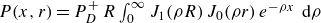 upper P left parenthesis x comma r right parenthesis equals upper P Subscript upper D Superscript plus Baseline upper R integral Subscript 0 Superscript normal infinity Baseline upper J 1 left parenthesis rho upper R right parenthesis upper J 0 left parenthesis rho r right parenthesis e Superscript minus rho x Baseline normal d rho