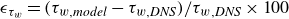 epsilon Subscript tau Sub Subscript w Baseline equals left parenthesis tau Subscript w comma m o d e l Baseline minus tau Subscript w comma upper D upper N upper S Baseline right parenthesis divided by tau Subscript w comma upper D upper N upper S Baseline times 100
