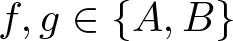 f comma g element of left brace upper A comma upper B right brace