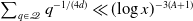 sigma summation Underscript q element of script upper Q Endscripts q Superscript negative 1 divided by left parenthesis 4 d right parenthesis Baseline much less than left parenthesis log x right parenthesis Superscript minus 3 left parenthesis upper A plus 1 right parenthesis