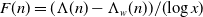 upper F left parenthesis n right parenthesis equals left parenthesis normal upper Lamda left parenthesis n right parenthesis minus normal upper Lamda Subscript w Baseline left parenthesis n right parenthesis right parenthesis divided by left parenthesis log x right parenthesis