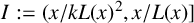 upper I colon equals left parenthesis x divided by k upper L left parenthesis x right parenthesis squared comma x divided by upper L left parenthesis x right parenthesis right bracket