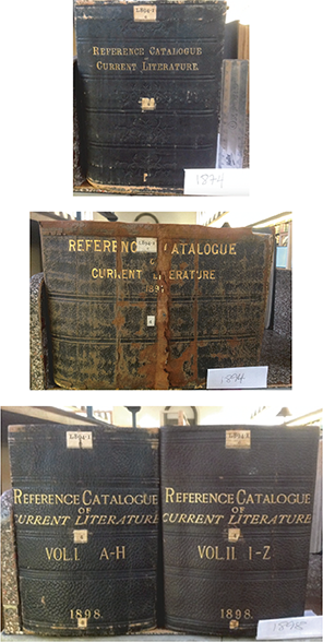 Spines of three volumes of the Reference Catalogue of Current Literature for the years 1874, 1894, and 1898 demonstrating the dramatic widening of the books’ spines as the page numbers increased.