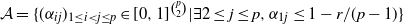 script upper A equals left brace left parenthesis alpha Subscript i j Baseline right parenthesis Subscript 1 less than or equals i less than j less than or equals p Baseline element of left bracket 0 comma 1 right bracket Superscript StartBinomialOrMatrix p Choose 2 EndBinomialOrMatrix Baseline vertical bar there exists 2 less than or equals j less than or equals p comma alpha Subscript 1 j Baseline less than or equals 1 minus r divided by left parenthesis p minus 1 right parenthesis right brace
