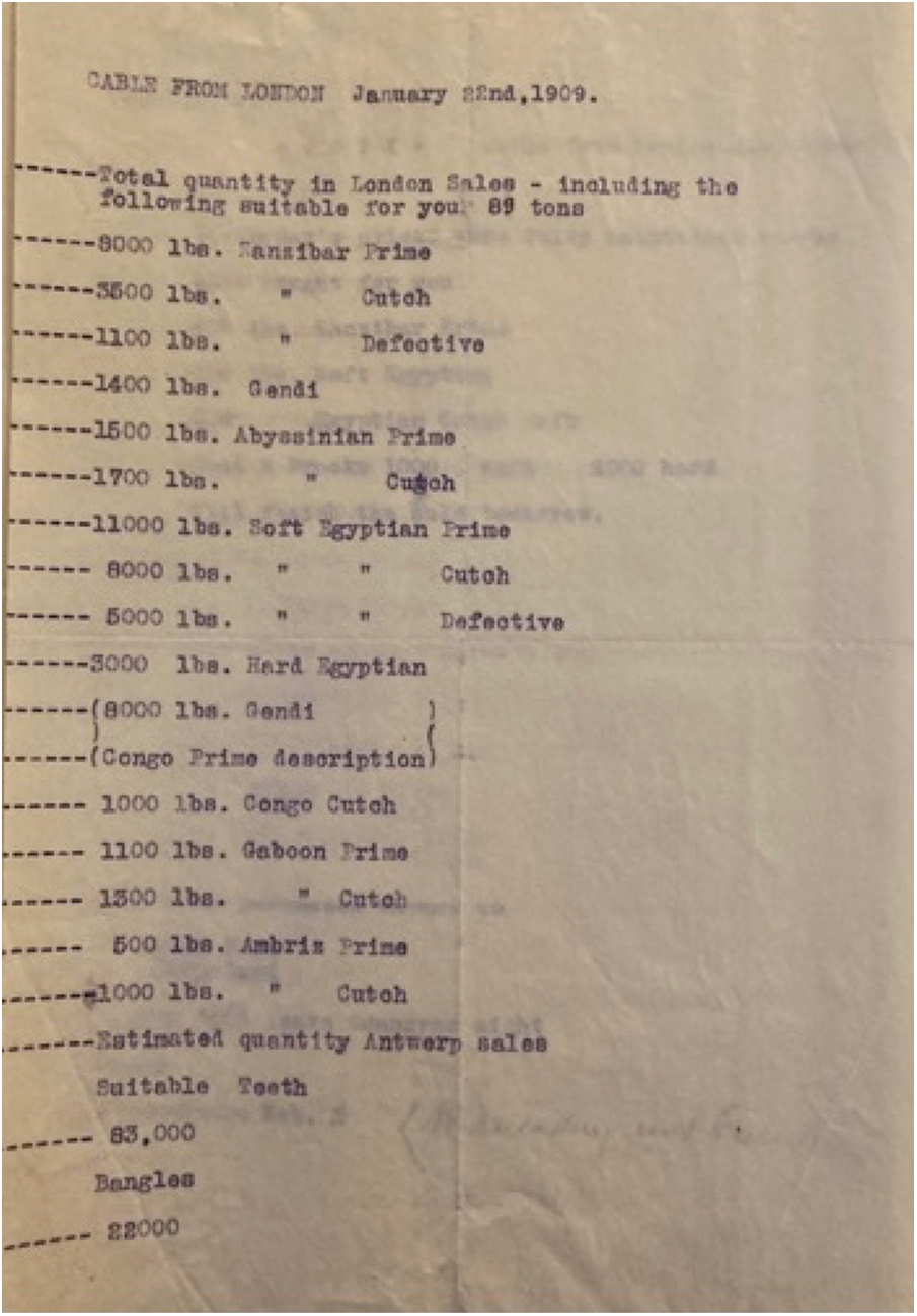 Typed document listing ivory quantities and types from 1909.