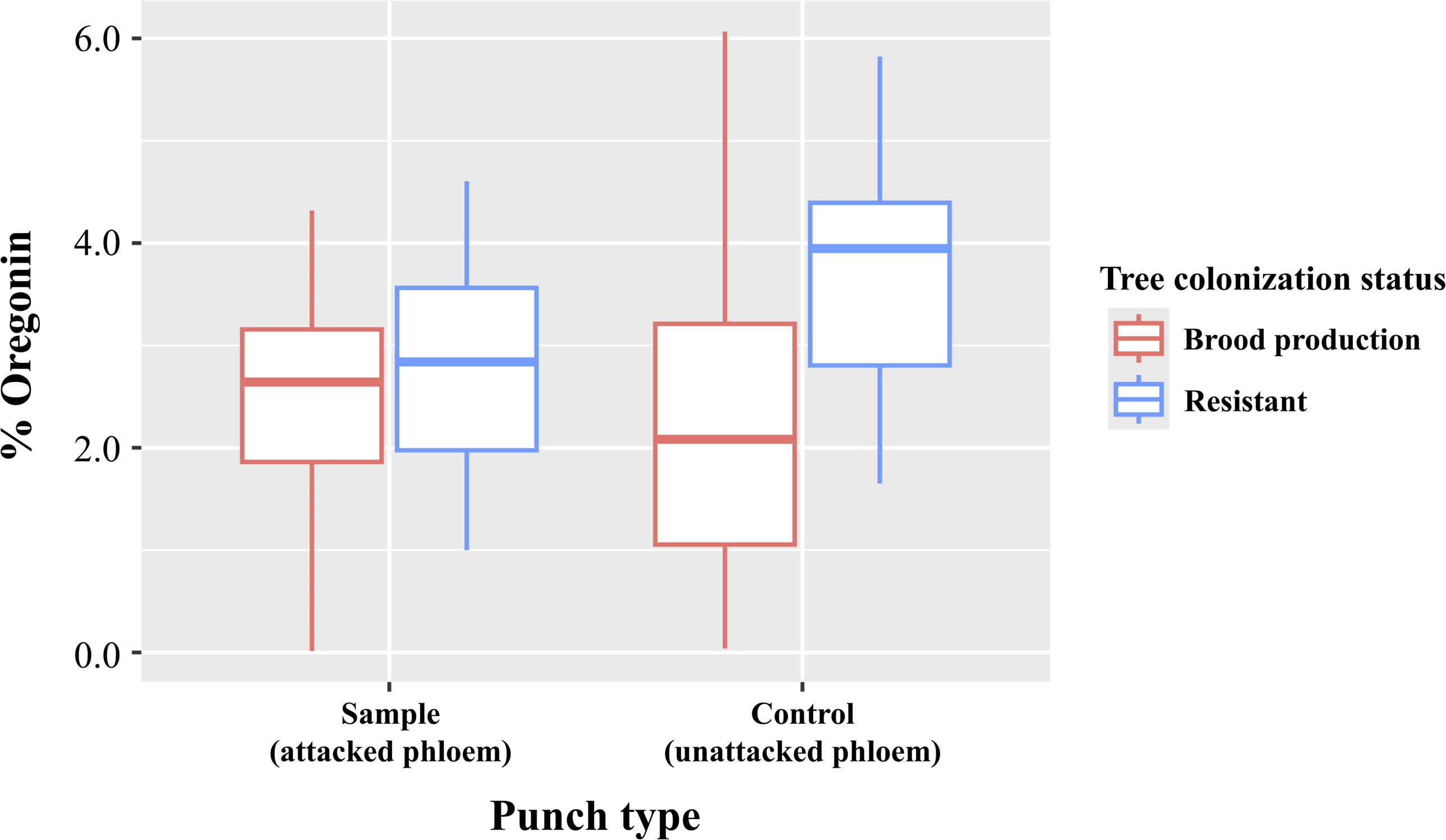 A box-and-whisker plot showing phloem oregonin concentration percentage in red alder trees with two colonization statuses: brood production and resistant.
