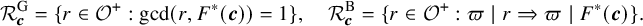 StartLayout 1st Row script upper R Subscript bold italic c Superscript upper G Baseline equals StartSet r element of script upper O Superscript plus Baseline colon gcd left parenthesis r comma upper F Superscript asterisk Baseline left parenthesis bold italic c right parenthesis right parenthesis equals 1 EndSet comma script upper R Subscript bold italic c Superscript upper B Baseline equals StartSet r element of script upper O Superscript plus Baseline colon pi StartAbsoluteValue r right double arrow pi EndAbsoluteValue upper F Superscript asterisk Baseline left parenthesis bold italic c right parenthesis EndSet period EndLayout