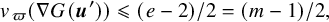 v Subscript pi Baseline left parenthesis nabla upper G left parenthesis bold italic u Superscript prime Baseline right parenthesis right parenthesis less than or slanted equals left parenthesis e minus 2 right parenthesis divided by 2 equals left parenthesis m minus 1 right parenthesis divided by 2 comma