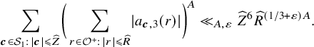 sigma summation Underscript bold italic c element of script upper S 1 colon StartAbsoluteValue bold italic c EndAbsoluteValue less than or slanted equals ModifyingAbove upper Z With caret Endscripts left parenthesis sigma summation Underscript r element of script upper O Superscript plus Baseline colon StartAbsoluteValue r EndAbsoluteValue less than or slanted equals ModifyingAbove upper R With caret Endscripts StartAbsoluteValue a Subscript bold italic c comma 3 Baseline left parenthesis r right parenthesis EndAbsoluteValue right parenthesis Superscript upper A Baseline much less than Subscript upper A comma epsilon Baseline ModifyingAbove upper Z With caret Superscript 6 Baseline ModifyingAbove upper R With caret Superscript left parenthesis 1 divided by 3 plus epsilon right parenthesis upper A Baseline period