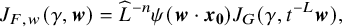 StartLayout 1st Row upper J Subscript upper F comma w Baseline left parenthesis gamma comma bold italic w right parenthesis equals ModifyingAbove upper L With caret Superscript negative n Baseline psi left parenthesis bold italic w dot bold italic x bold 0 right parenthesis upper J Subscript upper G Baseline left parenthesis gamma comma t Superscript negative upper L Baseline bold italic w right parenthesis comma EndLayout