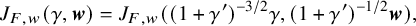 StartLayout 1st Row upper J Subscript upper F comma w Baseline left parenthesis gamma comma bold italic w right parenthesis equals upper J Subscript upper F comma w Baseline left parenthesis left parenthesis 1 plus gamma Superscript prime Baseline right parenthesis Superscript negative 3 divided by 2 Baseline gamma comma left parenthesis 1 plus gamma Superscript prime Baseline right parenthesis Superscript negative 1 divided by 2 Baseline bold italic w right parenthesis comma EndLayout