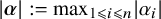 StartAbsoluteValue bold italic alpha EndAbsoluteValue colon equals max Subscript 1 less than or slanted equals i less than or slanted equals n Baseline StartAbsoluteValue alpha Subscript i Baseline EndAbsoluteValue