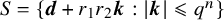 upper S equals StartSet bold italic d plus r 1 r 2 bold italic k colon StartAbsoluteValue bold italic k EndAbsoluteValue less than or slanted equals q Superscript n Baseline EndSet