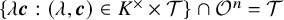 StartSet lamda bold italic c colon left parenthesis lamda comma bold italic c right parenthesis element of upper K Superscript times Baseline times script upper T EndSet intersection script upper O Superscript n Baseline equals script upper T