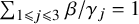 sigma summation Underscript 1 less than or slanted equals j less than or slanted equals 3 Endscripts beta divided by gamma Subscript j Baseline equals 1