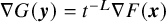 nabla upper G left parenthesis bold italic y right parenthesis equals t Superscript negative upper L Baseline nabla upper F left parenthesis bold italic x right parenthesis