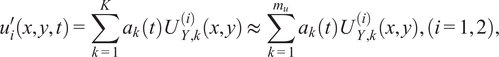 ui prime xyt equals sigma summation k equals 1 KaktUY comma kixy almost equals sigma summation k equals 1 muaktUY comma kixy comma i equals 12 comma