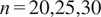 n equals 20 comma 25 comma 30