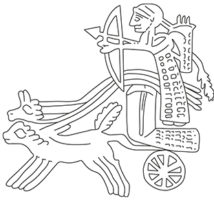 The second seal impression shows a hunter aiming a bow and arrow from a chariot. The wheel on the chariot appears to have up to nine spokes.