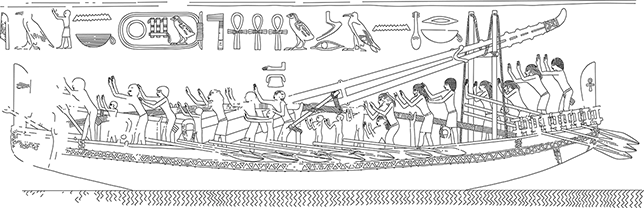 The relief shows a ship with 20 figures, six of whom have long, fillet-bound hair. 18 have their arms up in praise. Two place their palms on the head and back of the northeasterner in front of them. A line of hieroglyphs is above the ship.