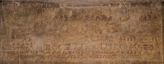 A wall painted with six registers of various activities. See long description.