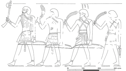 A detail from the sixth and bottom-most register of the wall in Figure 8a. It shows four armed northeasterners. See long description.