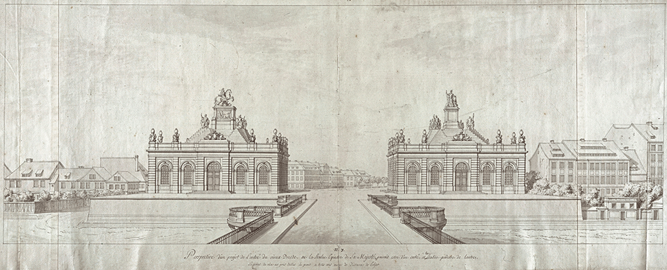 A perspective drawing showing the view from a bridge towards two buildings at the end of the bridge. Both buildings are almost identical, with a monumental ground floor beneath a stepped pyramid, but are crowned by different statues.