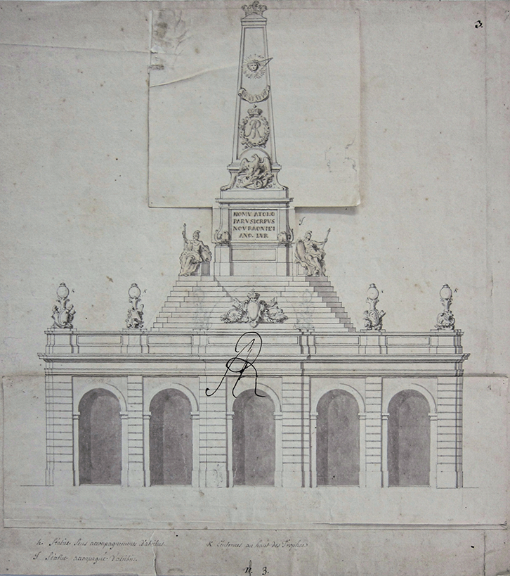 An elevation drawing of a building comprising a monumental ground floor supporting a stepped pyramid with works of sculpture and crowned with an obelisk.