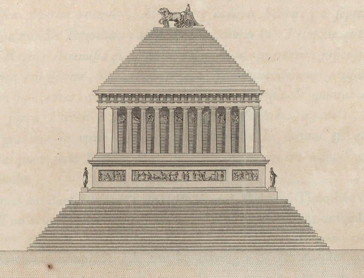 An elevation print of a Mausoleum reconstruction, showing a stepped pyramid under a Doric colonnade supported by a base with bas-reliefs. The colonnade supports a higher stepped pyramid crowned with a quadriga.