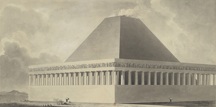 A drawing of a building with an undecorated base on which rests a heavy, stepped, truncated pyramid. A Doric colonnade supporting a sculptural frieze stands on the base around the pyramid. Smoke rises from the pyramid’s truncated summit.