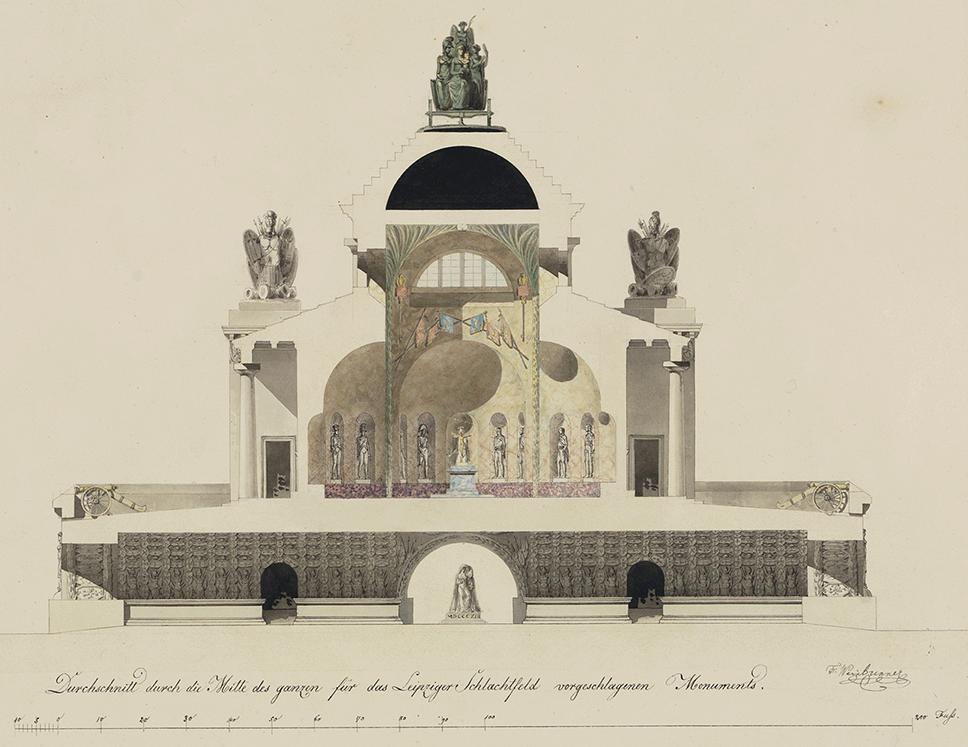A section drawing of a building with a large vaulted hall in the basement, a tall, church-like space on the main floor, and a stepped pyramid and quadriga above.
