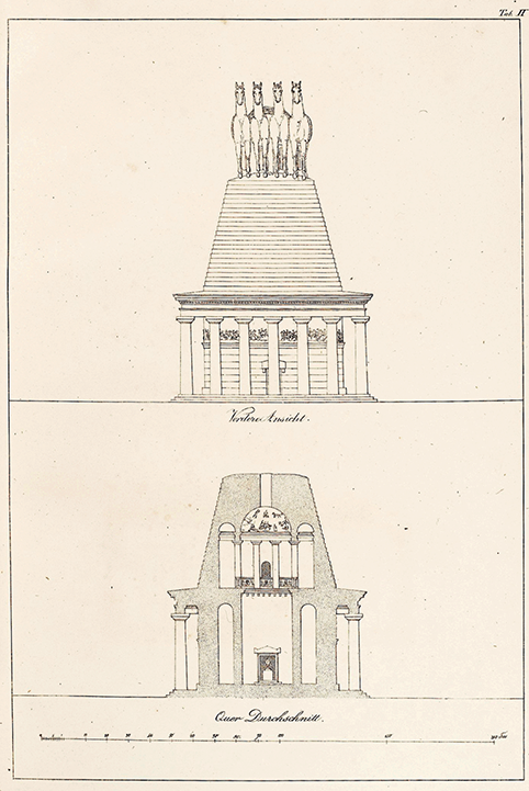 Prints showing elevations, the plan and a section of a reconstruction of the Mausoleum of Halicarnassus, with a colonnade, stepped pyramid and very large quadriga. The interior plan is a labyrinth.